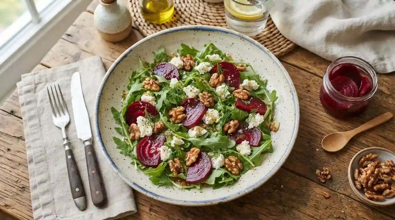 Fresh arugula salad topped with homemade pickled beets, goat cheese, and walnuts