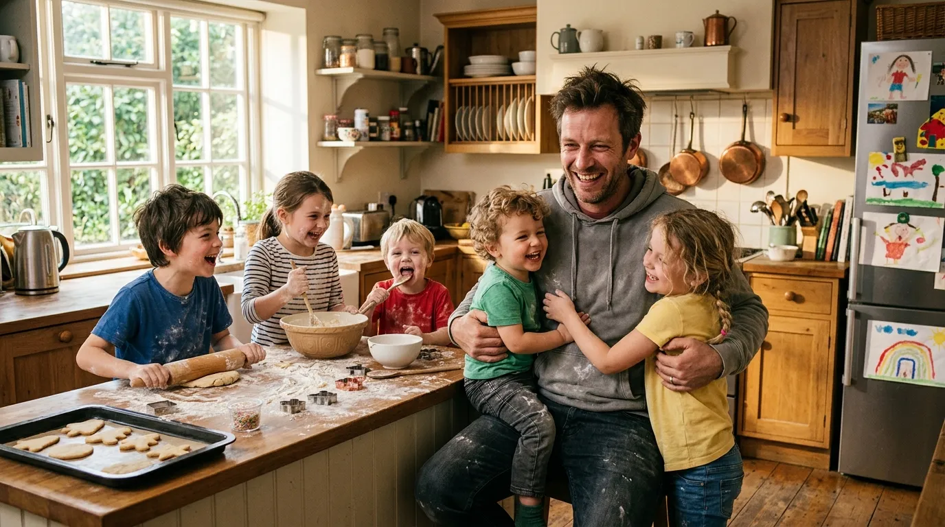 Father surrounded by his five happy children in a busy kitchen