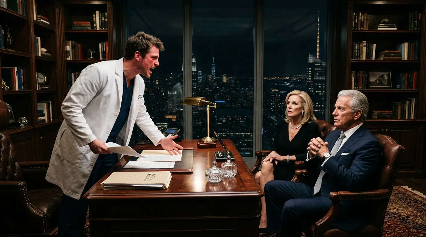 A furious young doctor confronting an older wealthy couple in a luxurious corporate office.