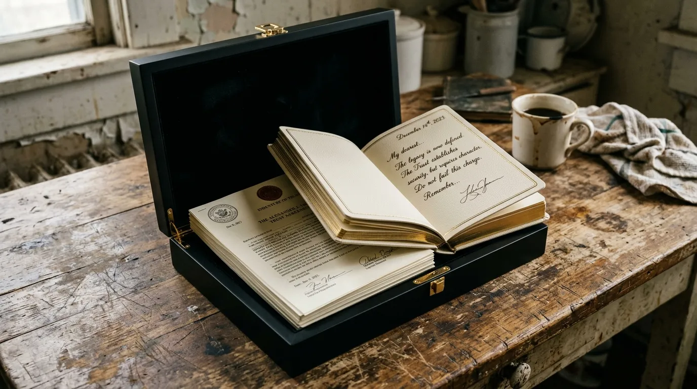 A sleek black box open on a table, revealing a luxurious cream-colored notebook resting on top of dense legal trust documents.