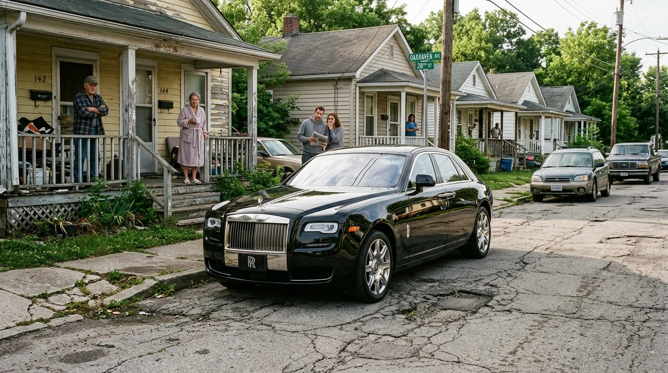 A sleek black car pulls up to a modest neighborhood street as neighbors watch.