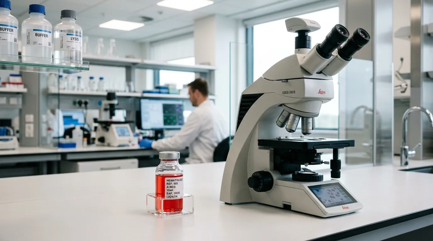 Clean medical laboratory with a blood vial and microscope