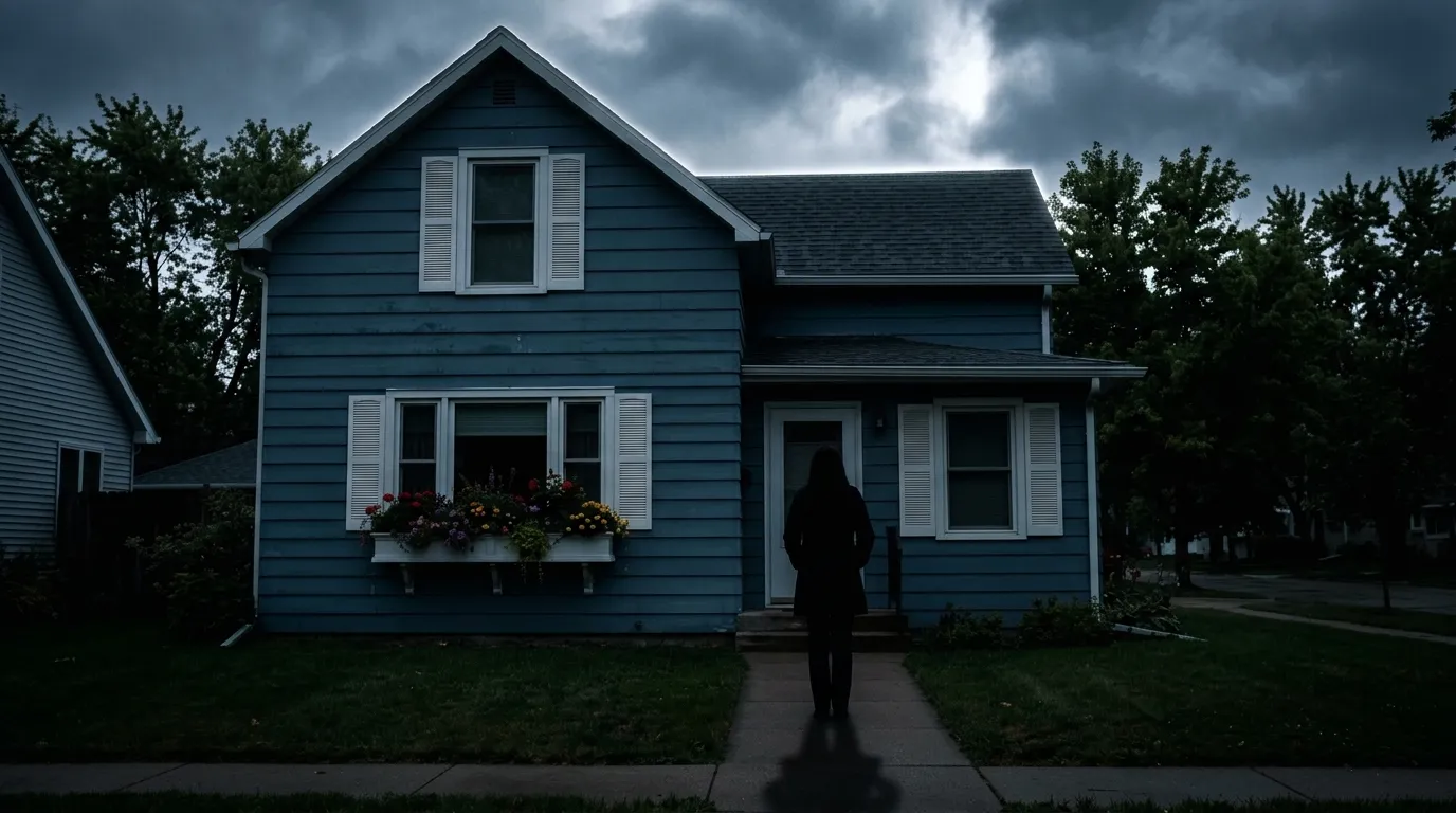 A modest blue suburban house with white shutters on a gloomy day