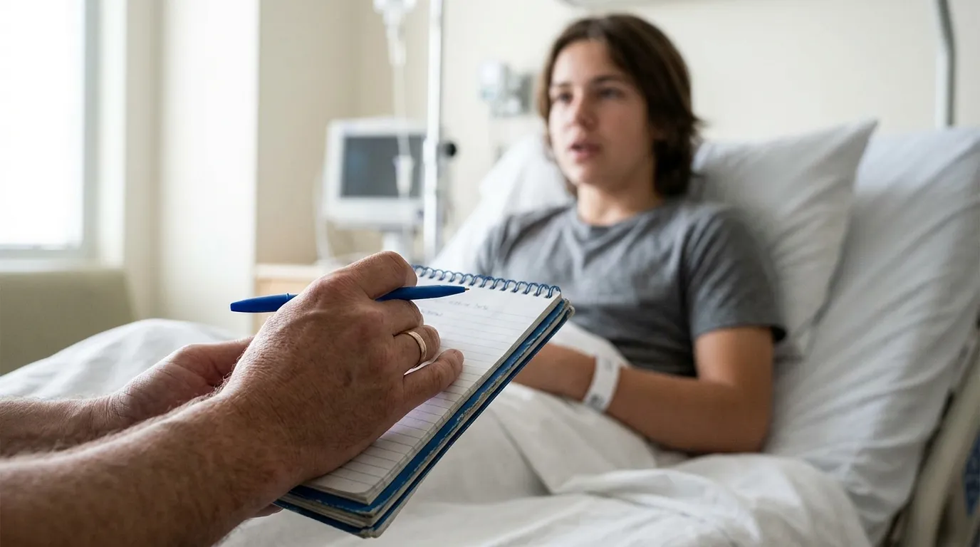 Close up of a CPS investigator's hands writing notes in a small blue notebook next to a hospital bed