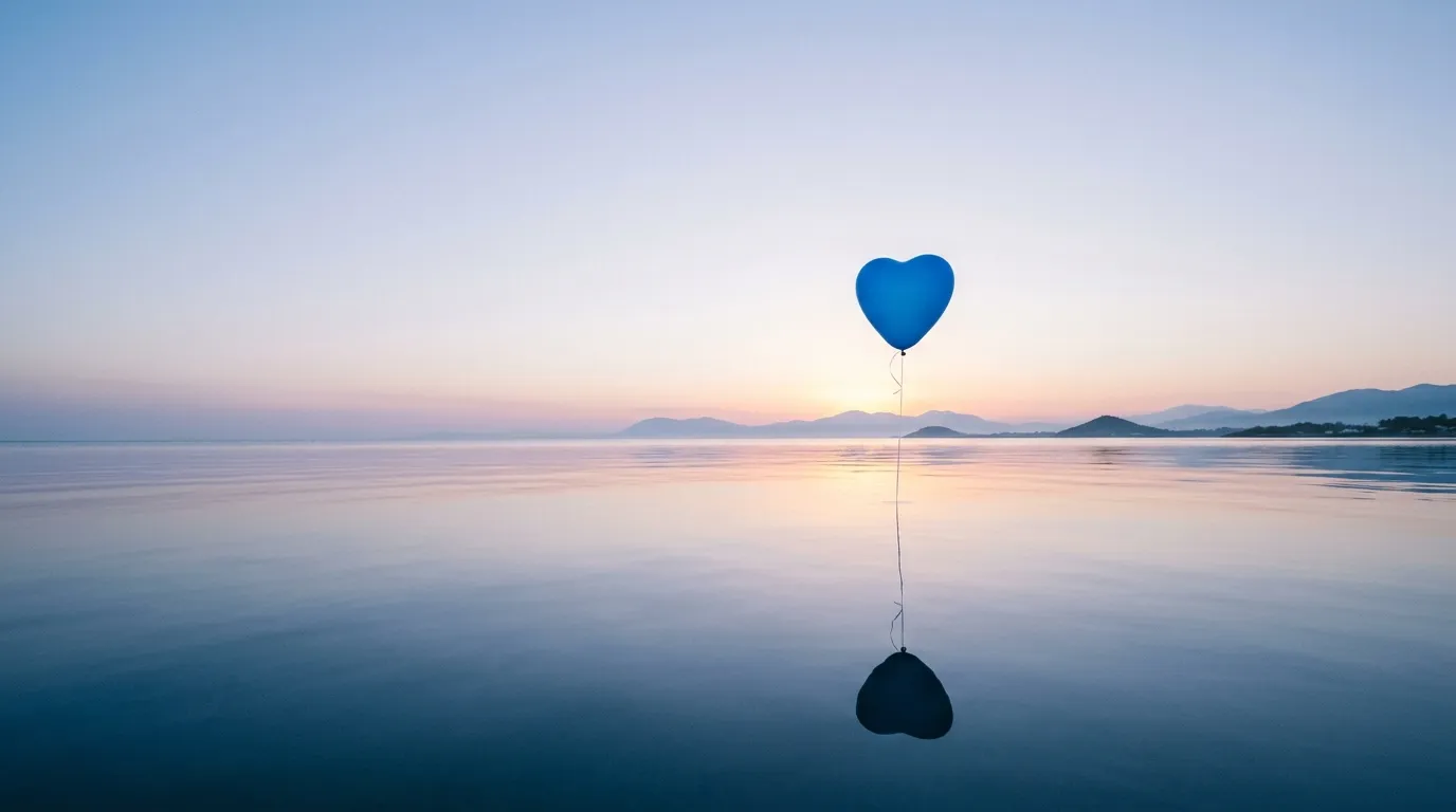 A serene scene featuring a single, bright blue heart-shaped balloon floating peacefully over a calm ocean