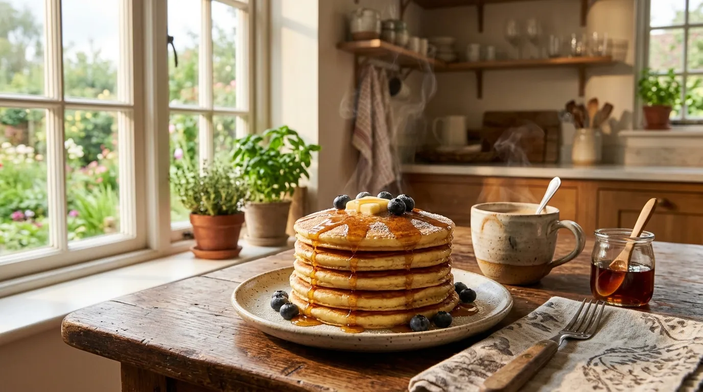 A steaming stack of golden blueberry pancakes on a rustic wooden table in bright morning light