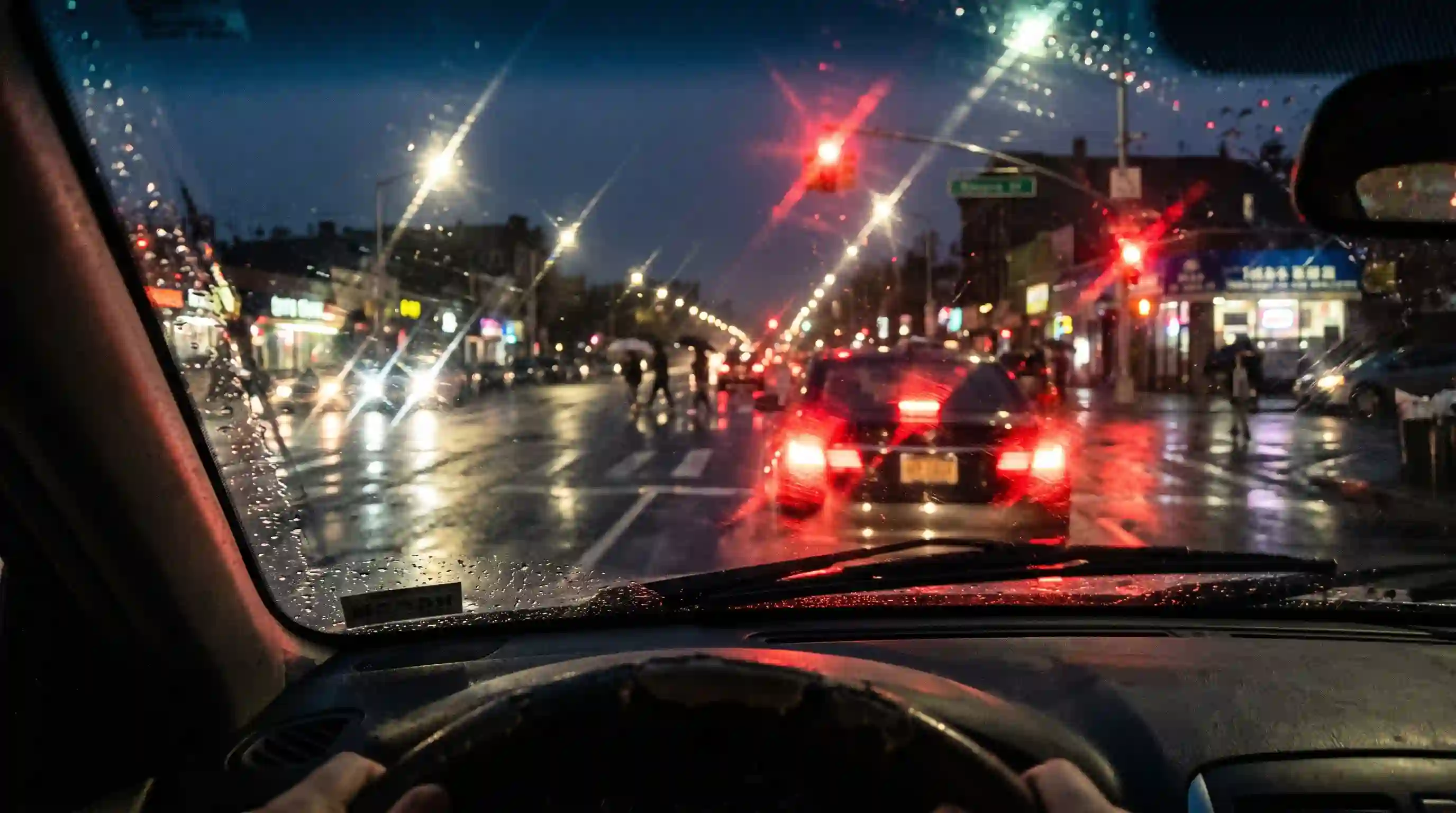 POV of a driver looking through a windshield at night with blurred, streaking lights