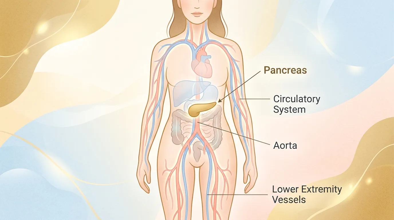 Stylized illustration of the human body showing the connection between leg circulation and the abdomen.