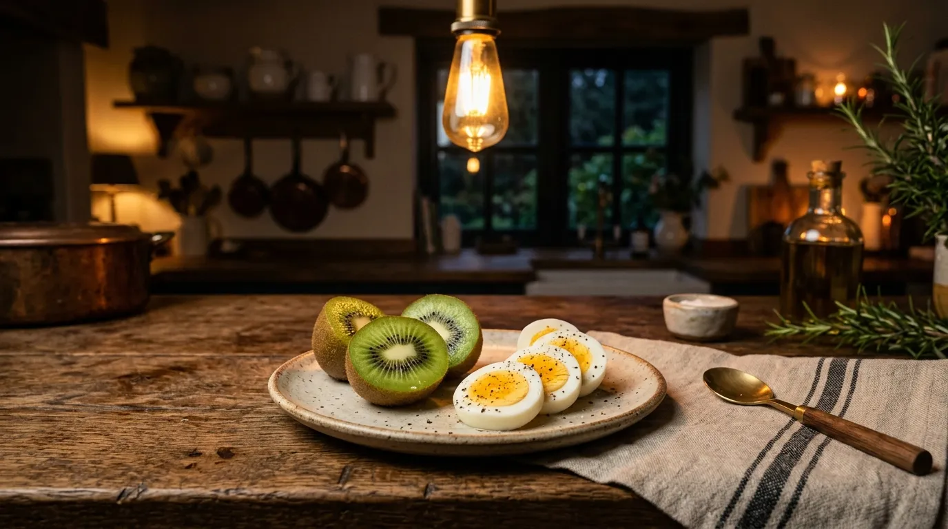 A rustic plate featuring a perfectly sliced hard-boiled egg and vibrant green kiwi halves on a cozy kitchen counter.