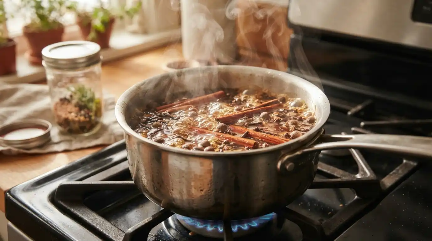 Simmering pickling brine in a saucepan with whole spices like cinnamon and cloves