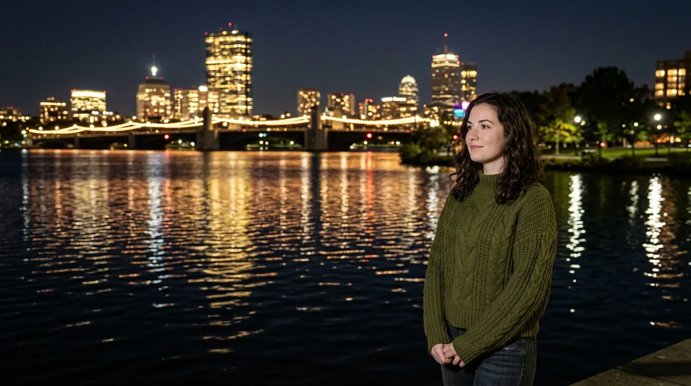 Young woman standing peacefully looking out over the Charles River at night