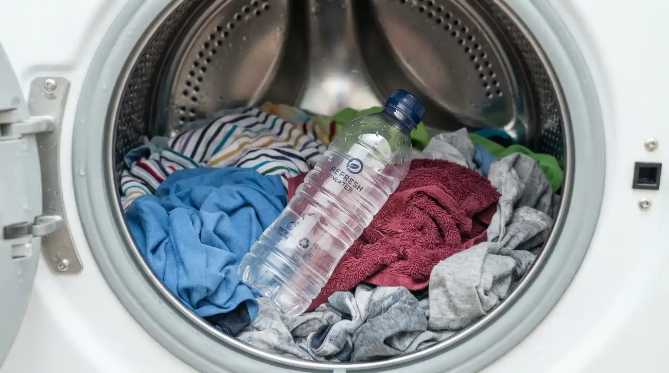 Empty plastic water bottle resting on top of wet clothes inside a washing machine drum