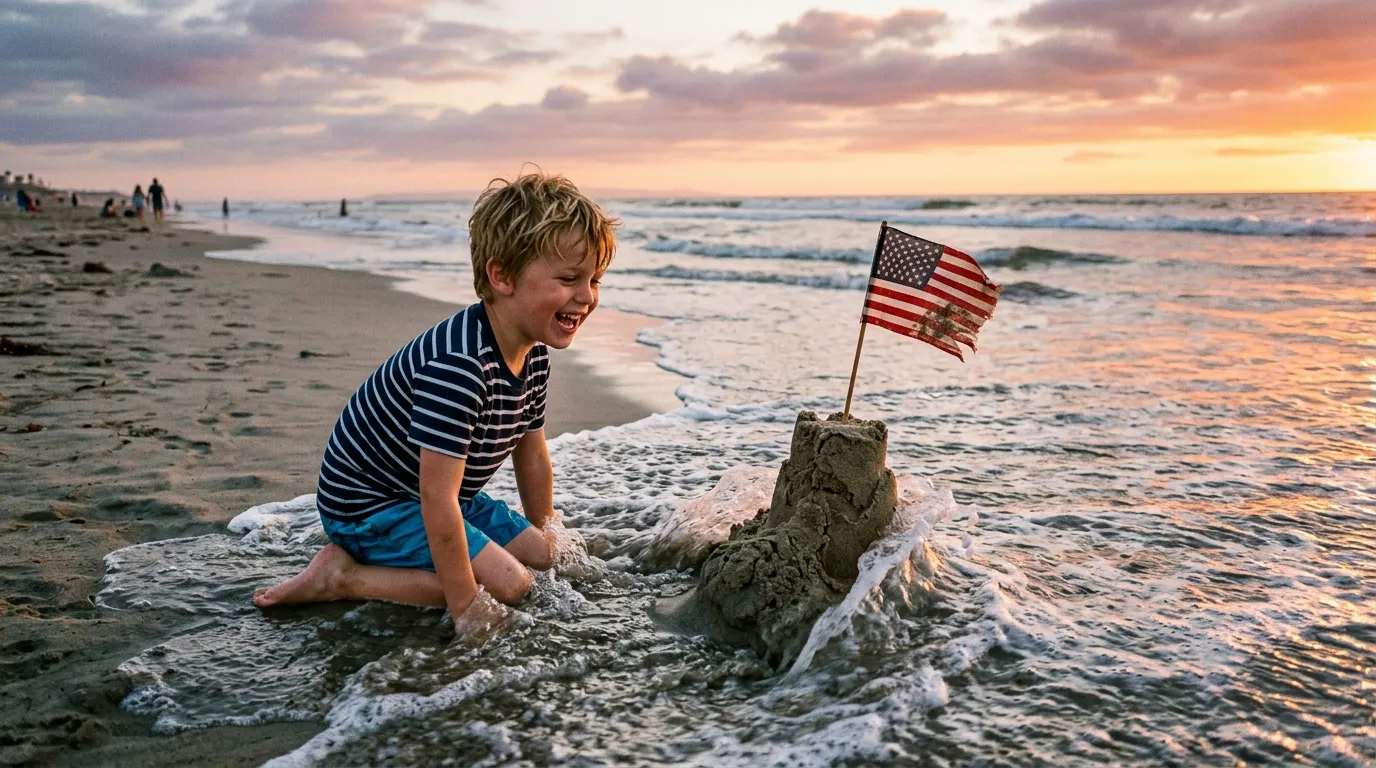 A young boy laughing on the beach at sunset as an ocean wave washes over his small sand tower, topped with a flag.