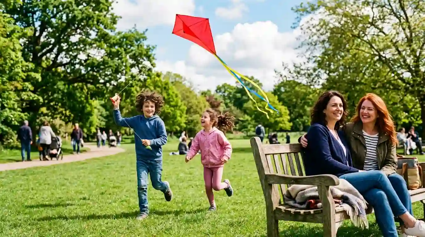 A ten-year-old boy flying a red kite in a park with his twin sister while two mothers watch