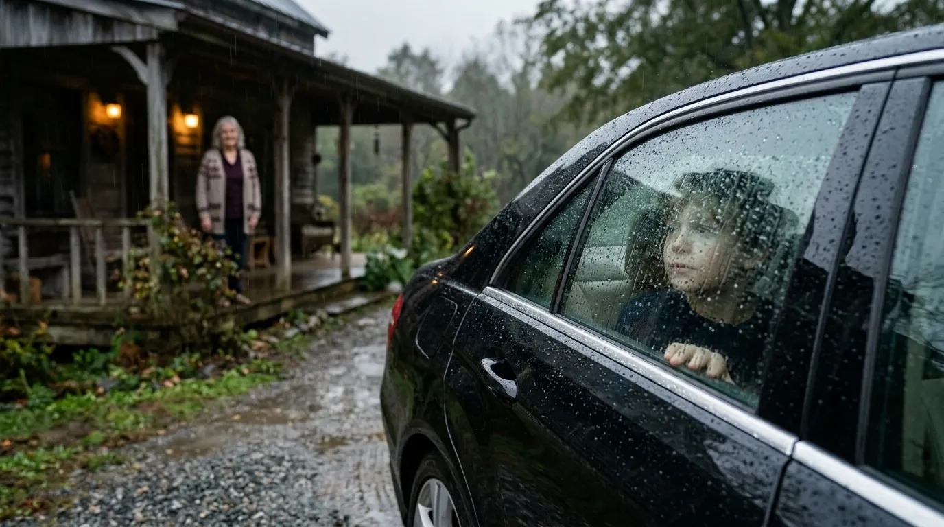 A crying boy looking out the window of a car as he is taken away