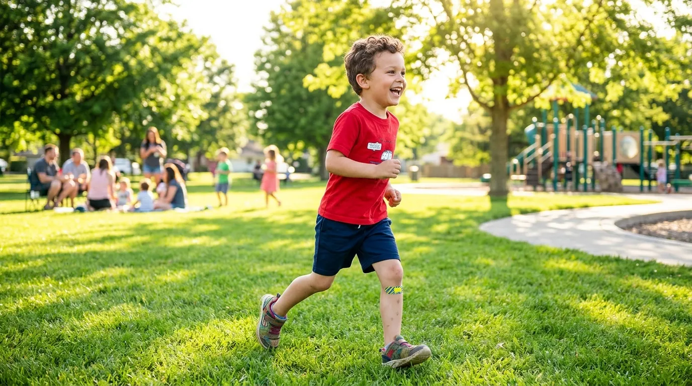 The boy, now healthy and recovered, playing in a sunny park with a small bandage on his leg.