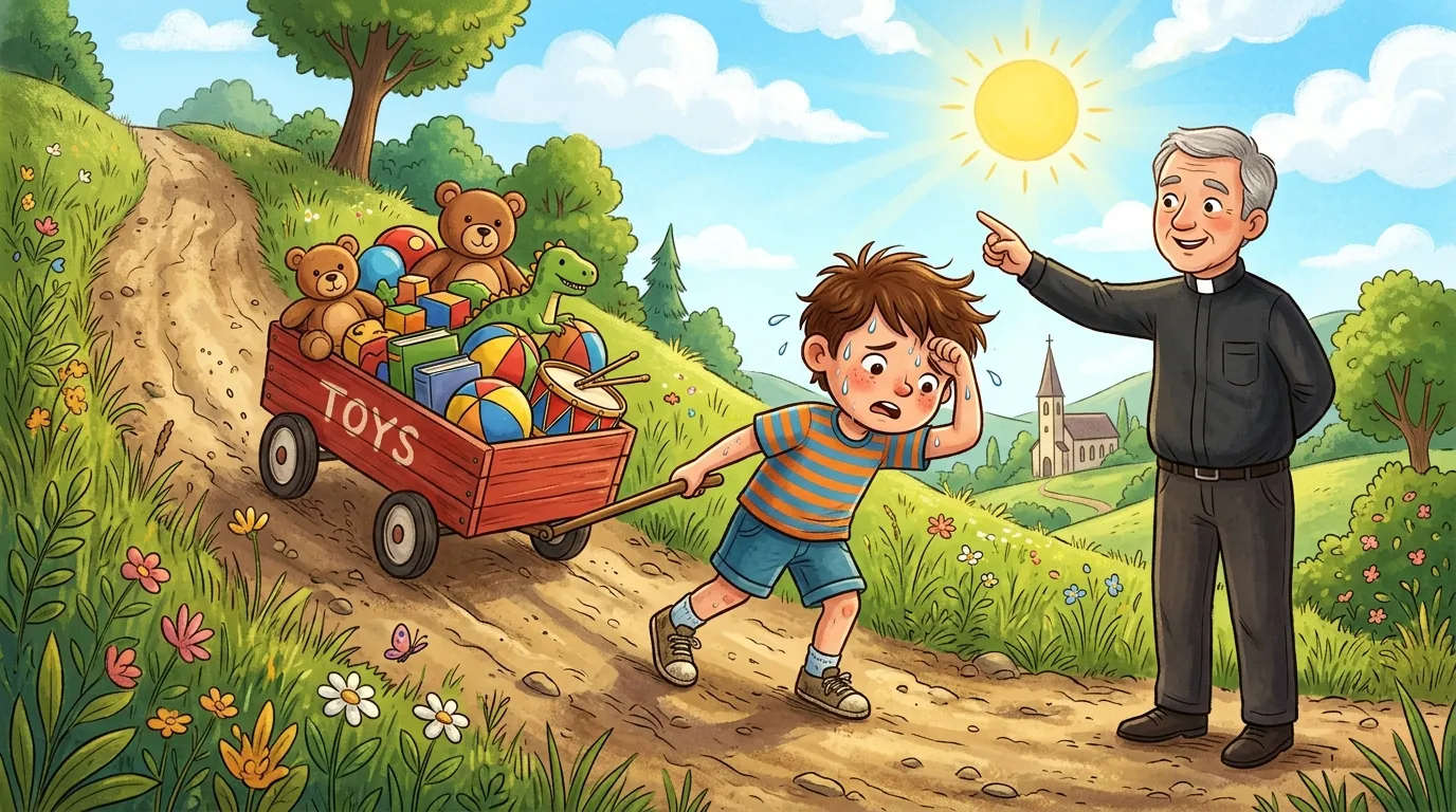 Little boy pulling a heavy red wagon up a hill