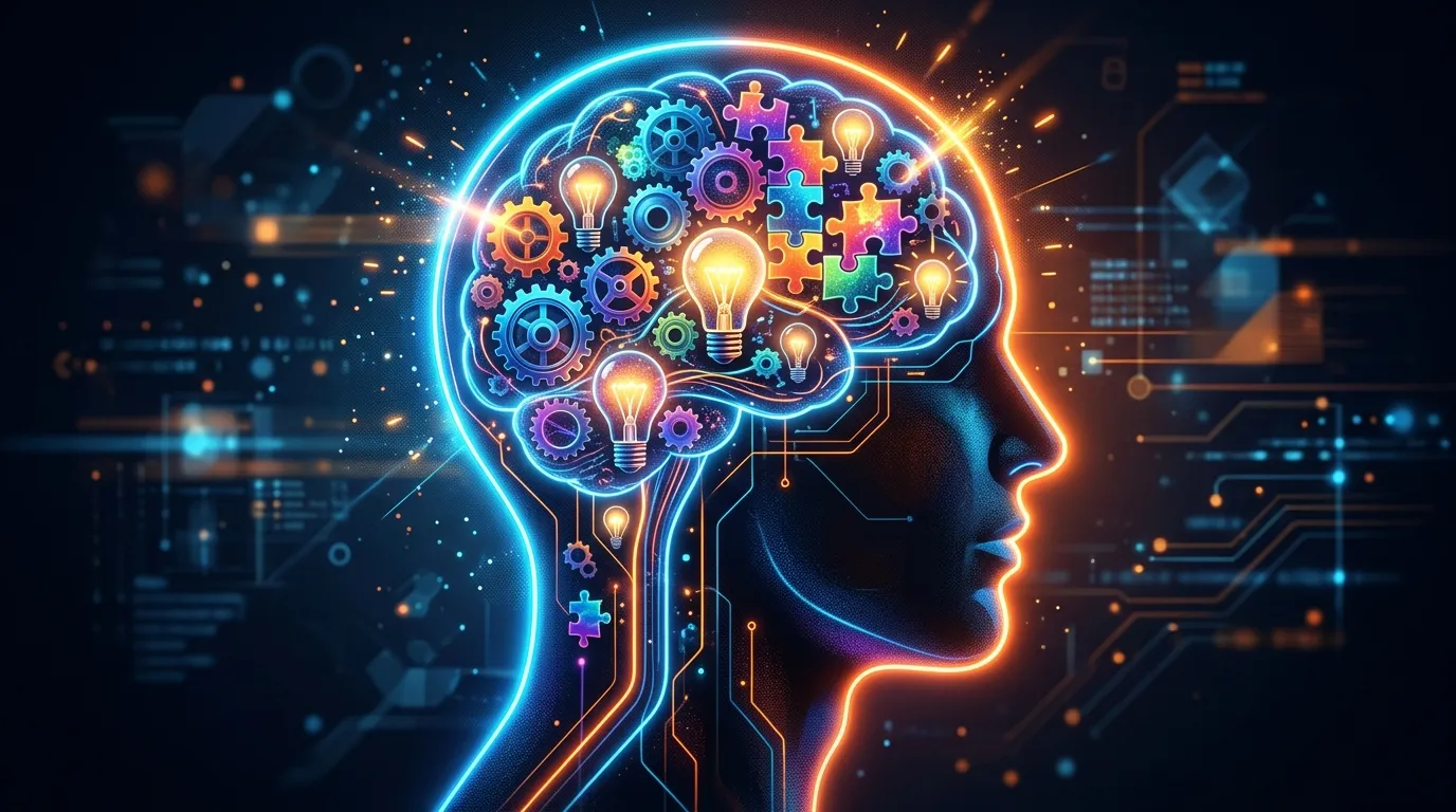 Glowing silhouette of a human brain filled with interconnected gears and puzzle pieces