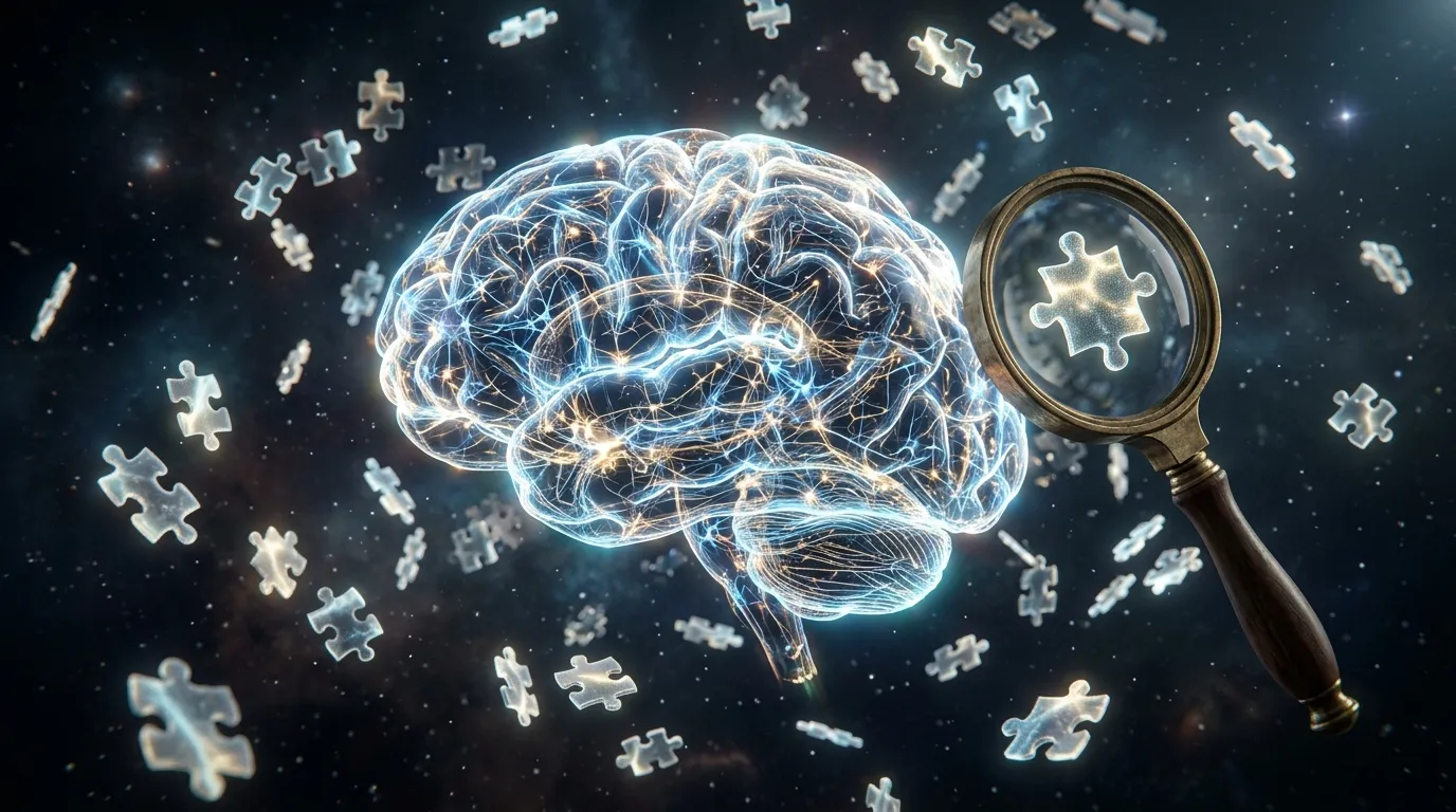 A glowing brain surrounded by puzzle pieces and a magnifying glass