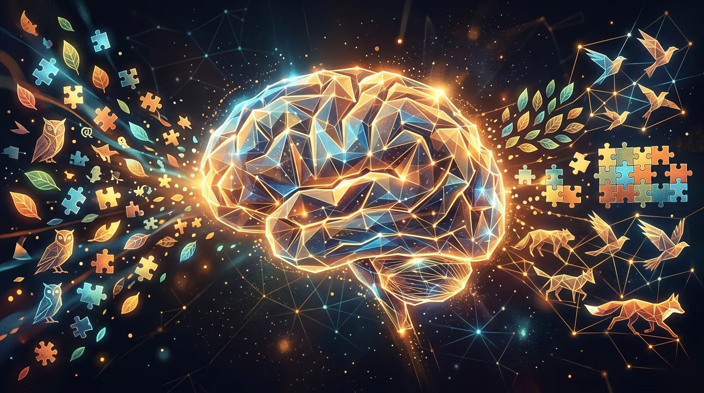 Conceptual art of a human brain processing visual patterns and puzzles