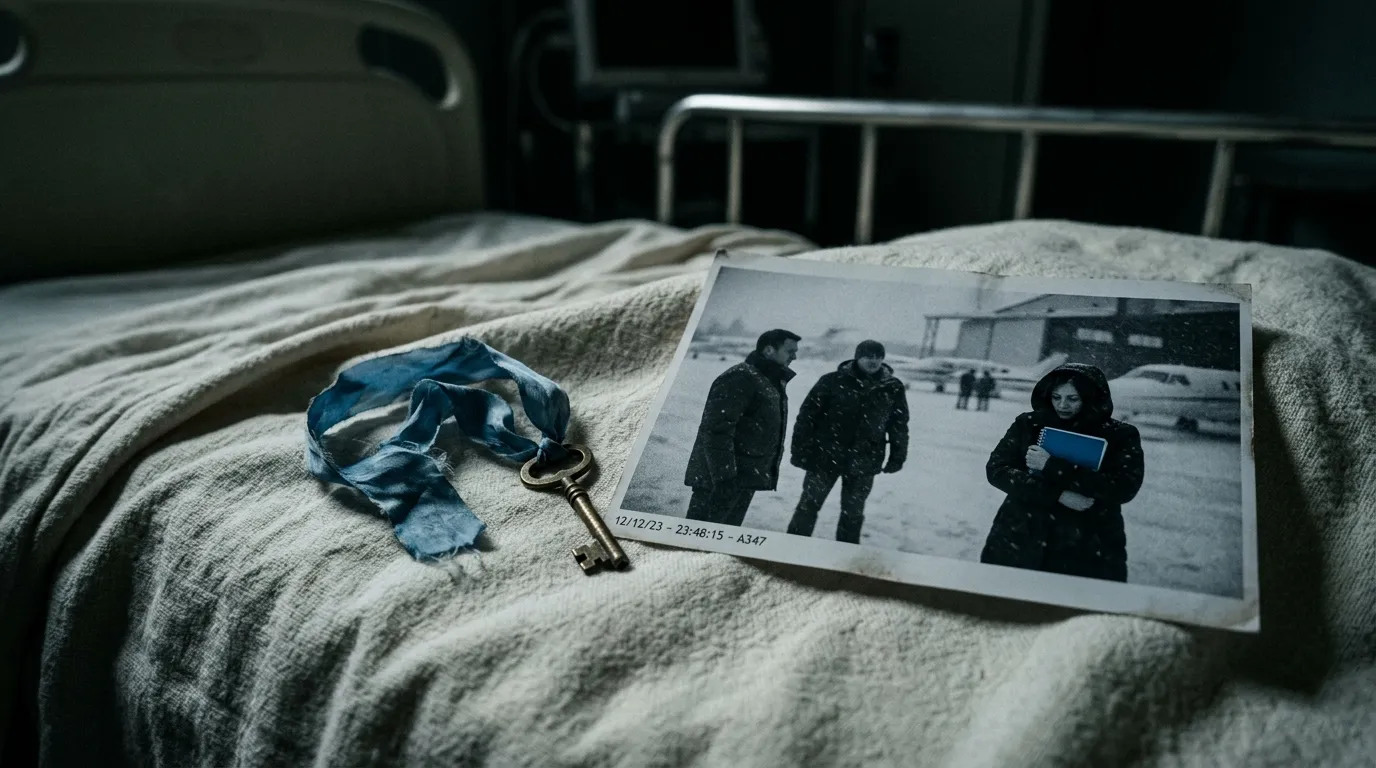 A small antique brass key tied to a faded blue ribbon lying next to a surveillance photo.