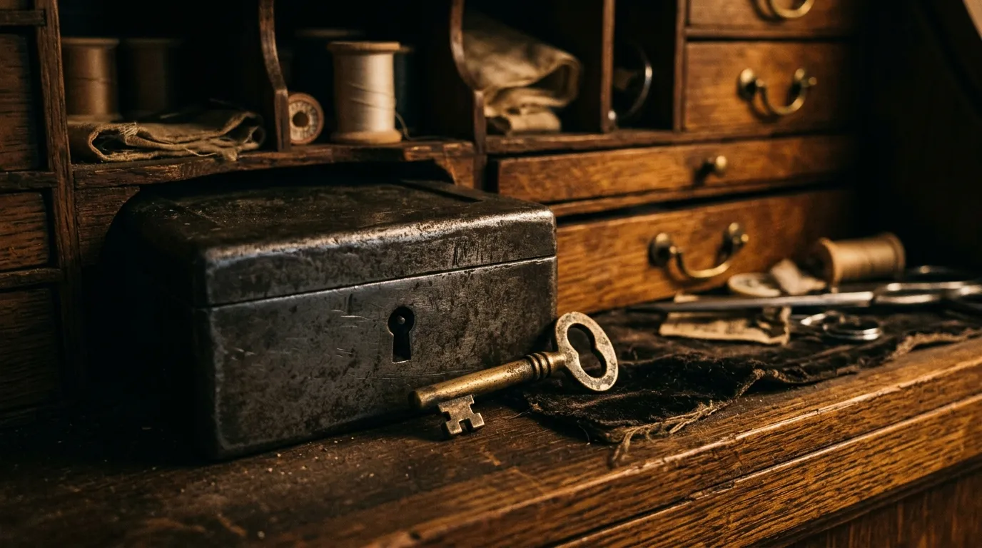 A small brass key resting next to a steel lockbox.
