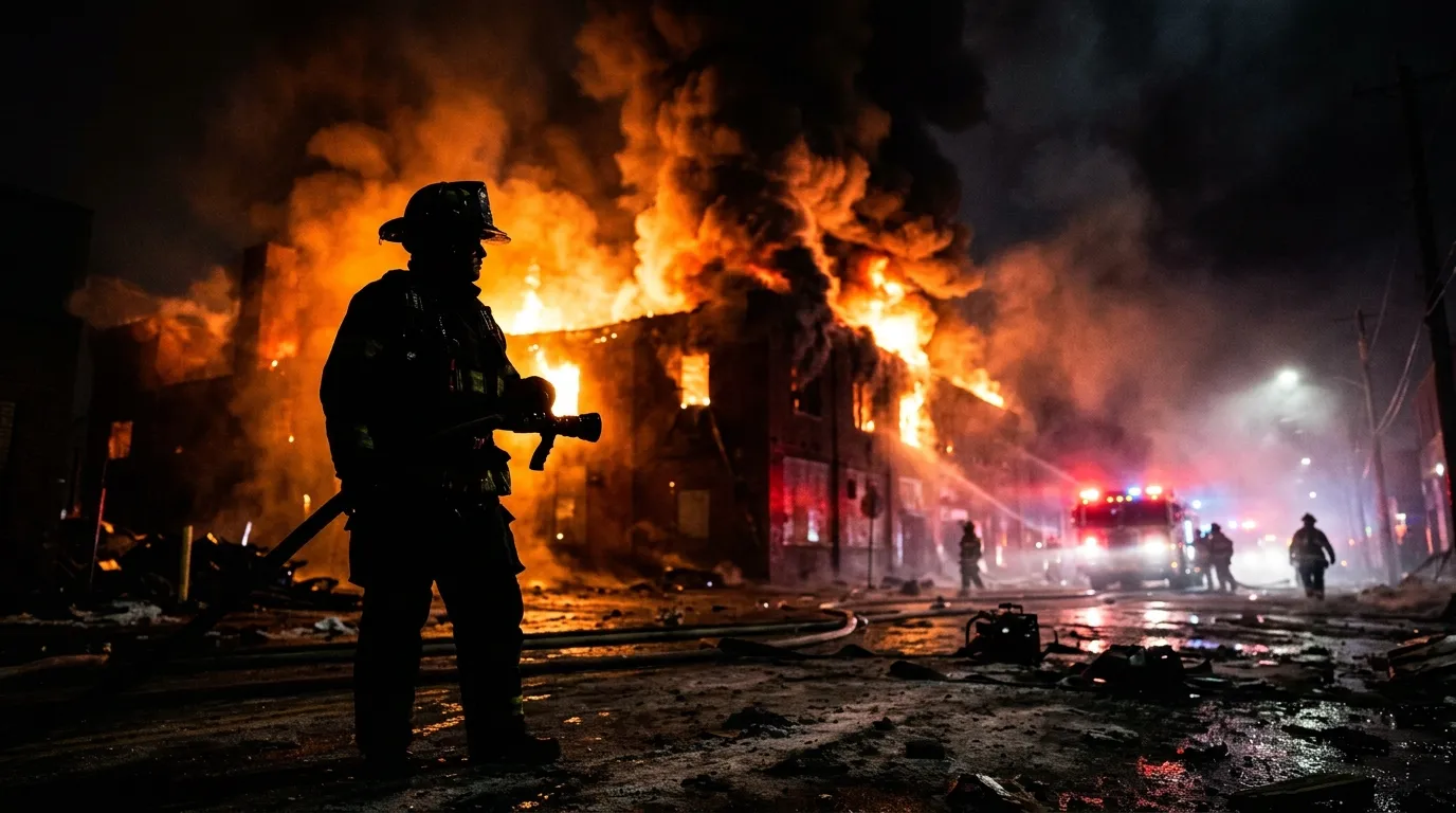 Silhouette of a brave firefighter facing a smoking building