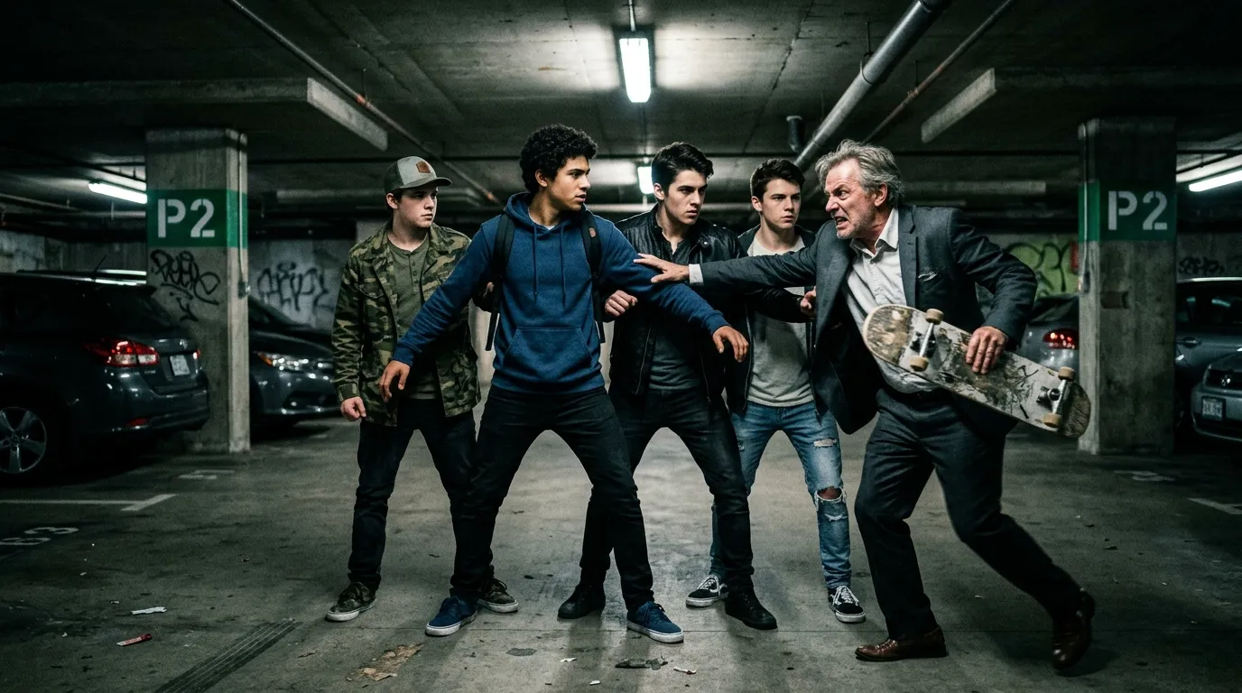 Four teenage boys confronting a well-dressed older man holding a skateboard