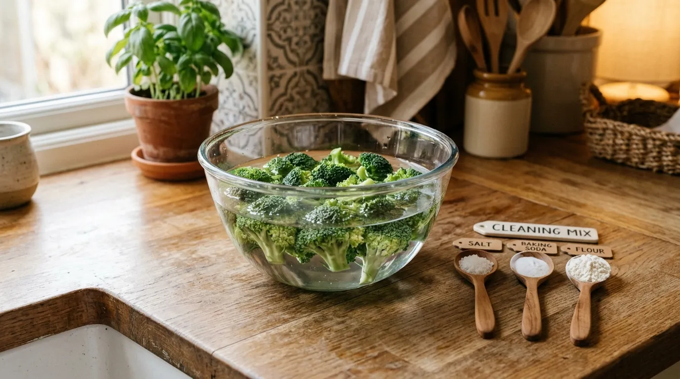 Broccoli soaking in a glass bowl with salt, baking soda, and flour nearby