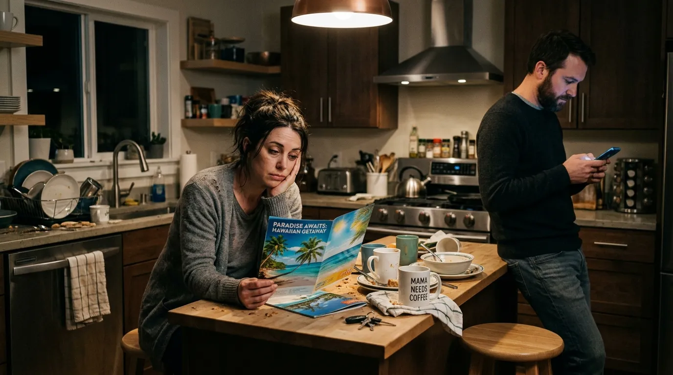 Exhausted wife looking at a tropical travel brochure in the kitchen while husband looks at his phone.