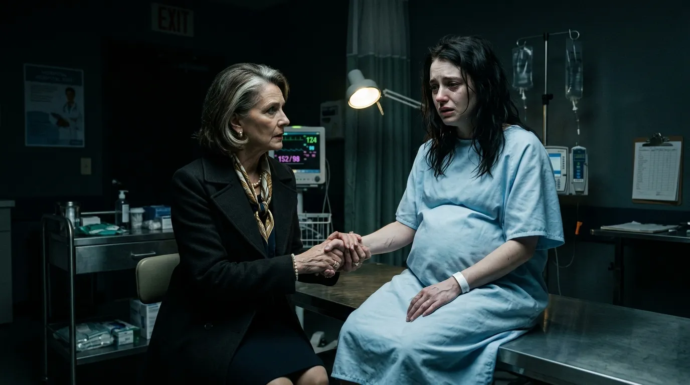 A composed older woman holding the trembling hand of her pregnant daughter in a hospital room