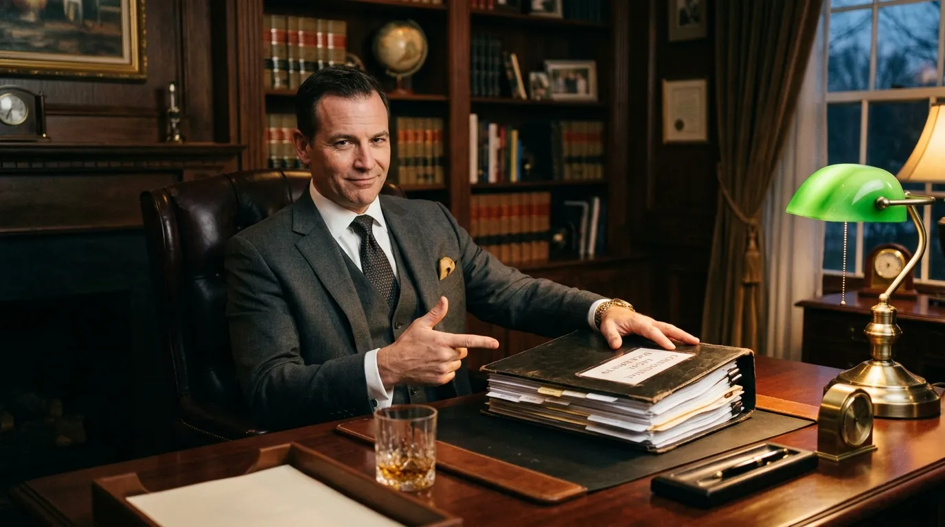 A smug man in a charcoal suit sitting behind a desk gesturing toward a black folder.
