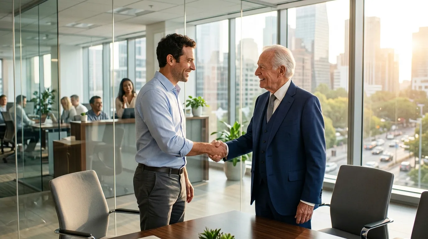 Sean shaking hands with Matthew in a bright, modern corporate office