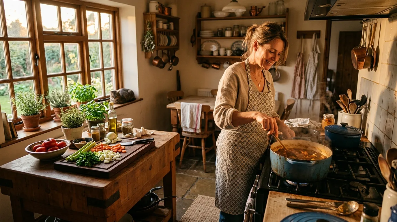 A warm, inviting kitchen with a pot simmering on the stove and fresh ingredients on the counter