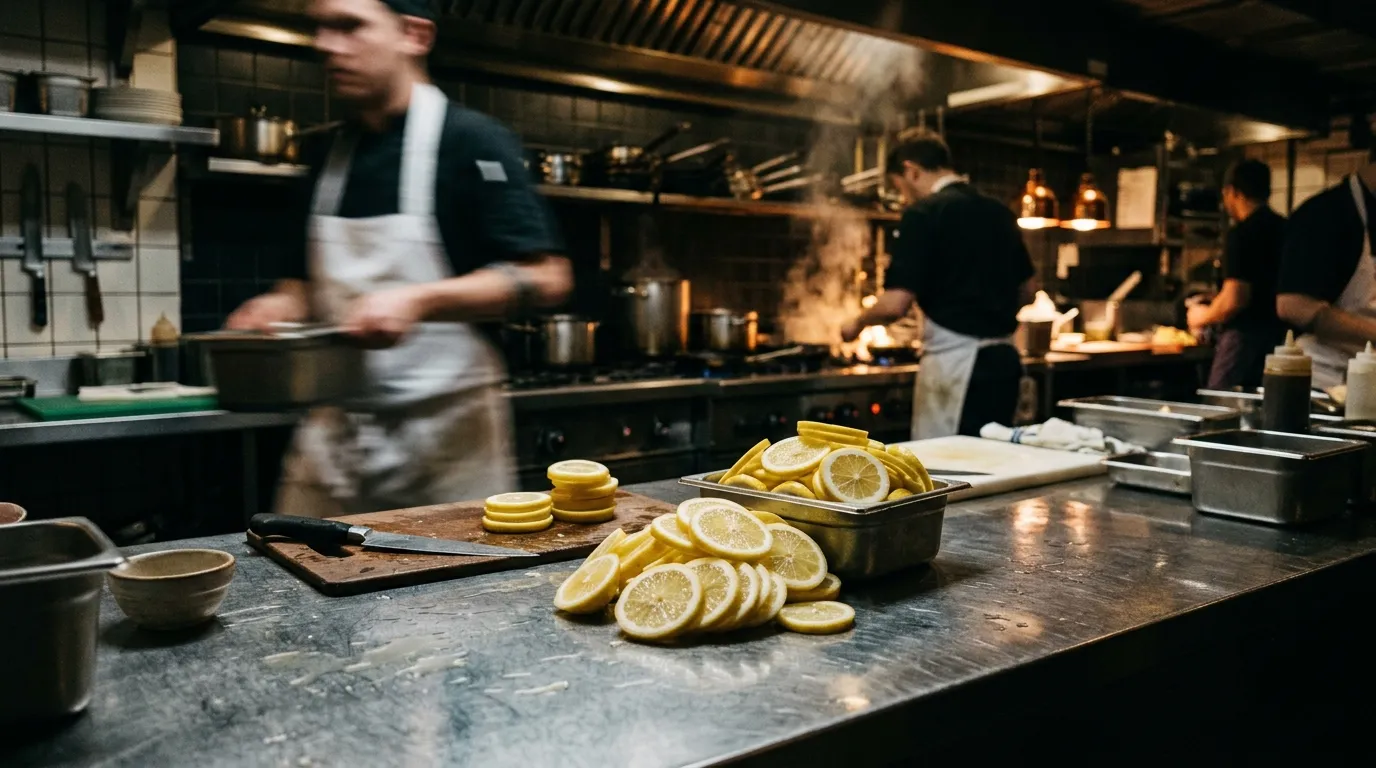 Pre-sliced lemons sitting exposed on a busy restaurant kitchen counter