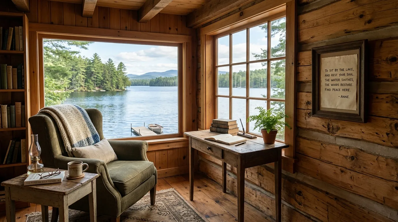 A sunlit reading room in a wooden cabin, featuring a small framed note on the wall.