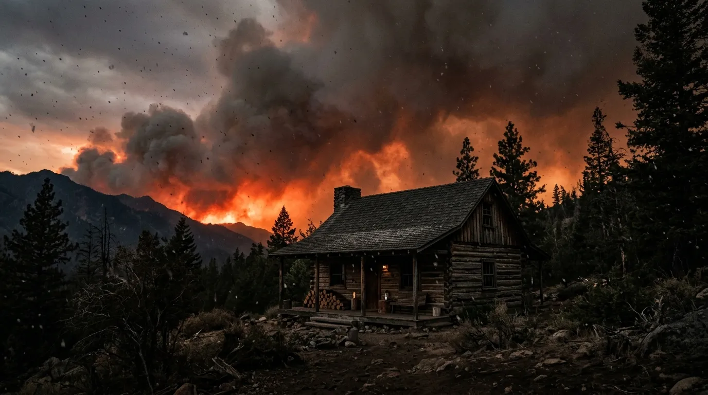 A wooden cabin with a terrifying orange sky from an approaching wildfire, ash falling like snow