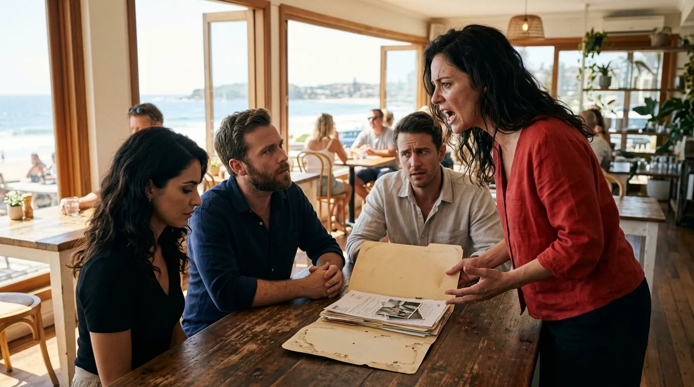 Tense confrontation at a sunlit beach cafe with a manila folder on the table