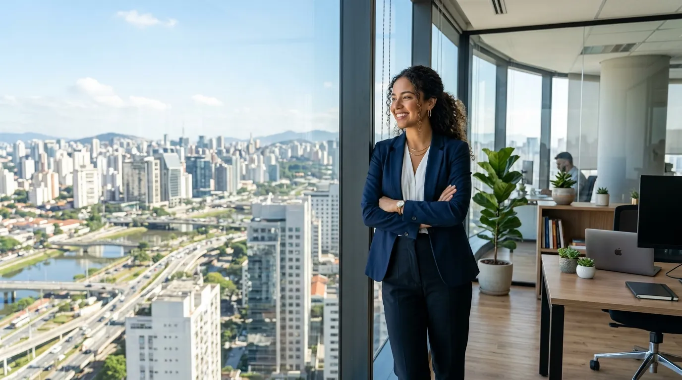 Camila looking out a high-rise window, empowered and free
