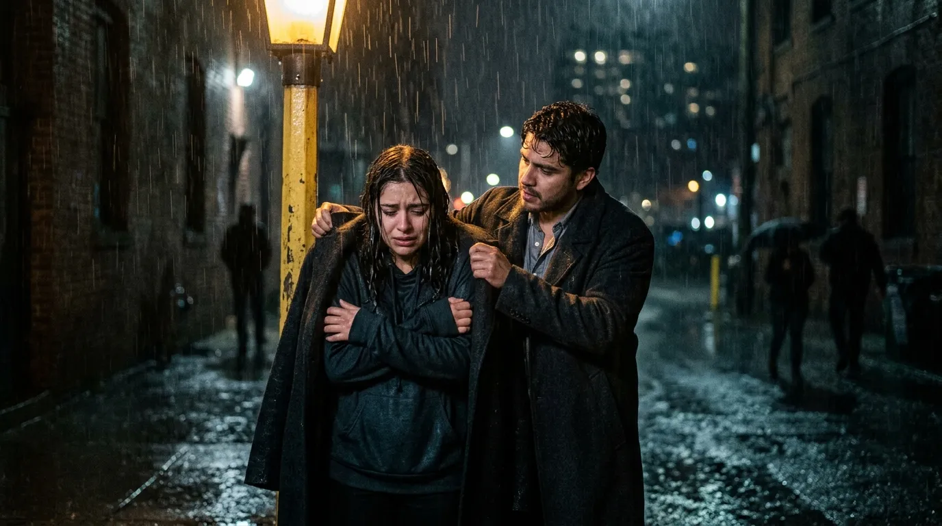 Diego placing a jacket over Camila in the pouring rain under a streetlight