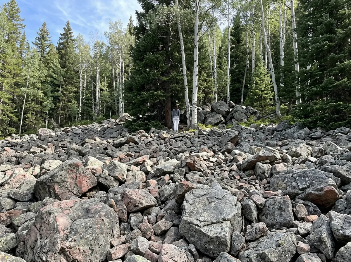 A photo of a serene forest landscape where a woman's figure is seamlessly camouflaged into the rocks and trees.