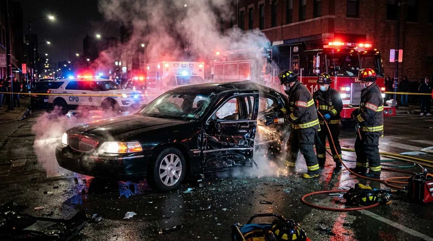 Wrecked black car surrounded by smoke and emergency lights