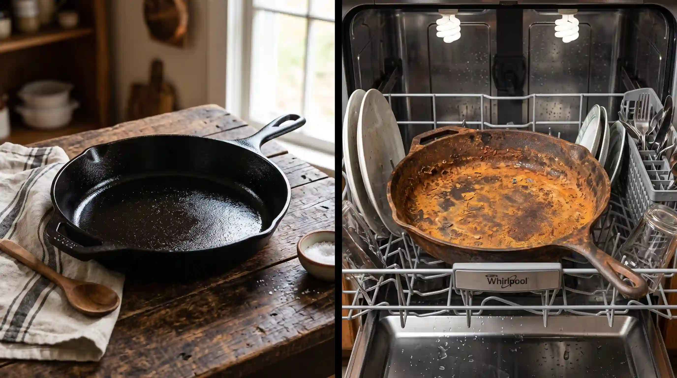 Split screen showing a perfectly seasoned cast iron pan next to a severely rusted cast iron pan