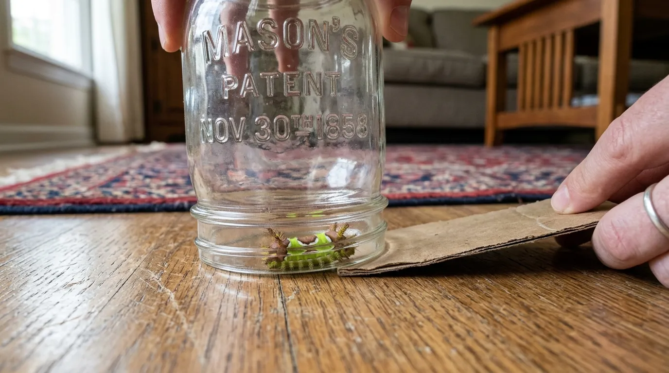 A glass jar placed upside down over a saddleback caterpillar on a wooden floor, trapping it safely.