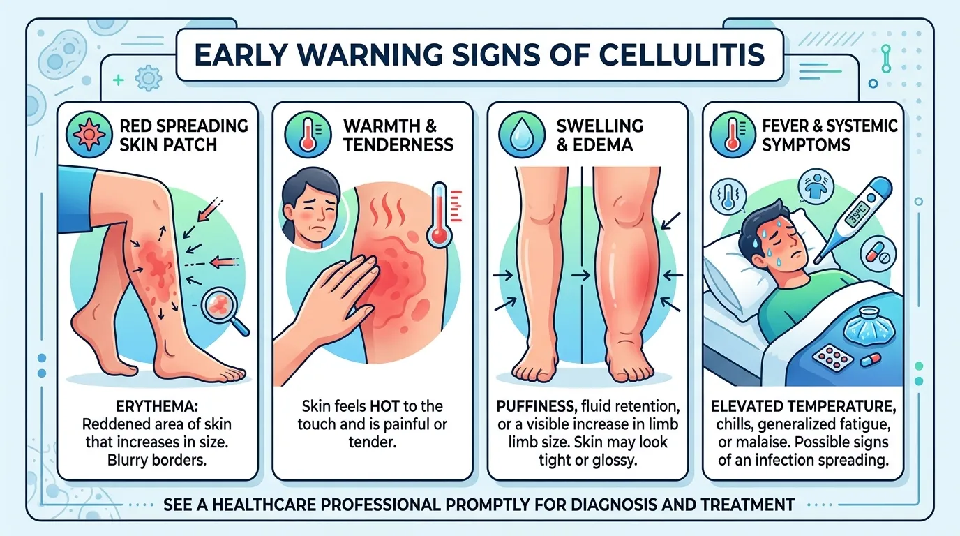 Infographic illustrating common symptoms of cellulitis including spreading redness, warmth, swelling, and pain