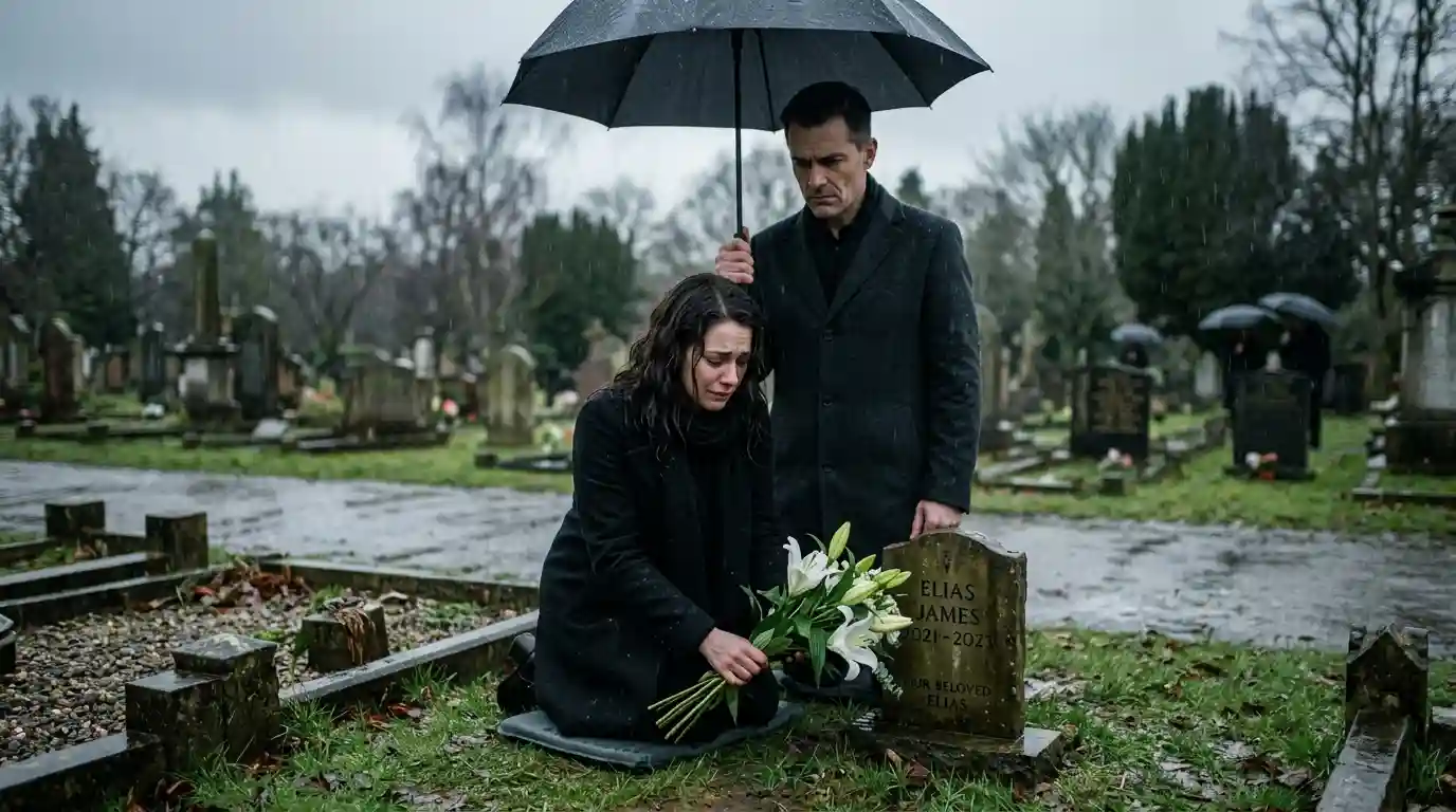 Mother mourning at a tiny grave in the rain while husband holds an umbrella