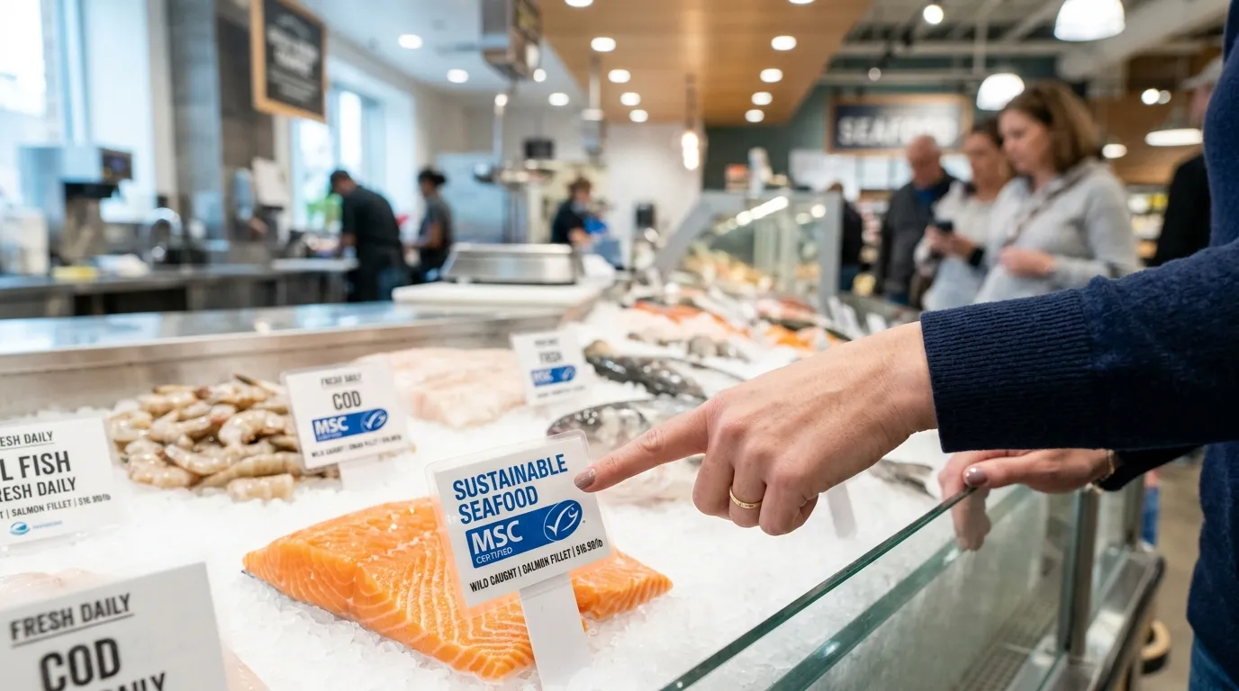A close-up of a consumer's hand identifying an MSC Certified sustainable seafood label at the grocery store.
