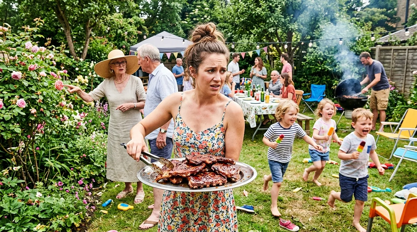 A stressed woman holding a platter of ribs while an older woman critiques her garden and children run wild.