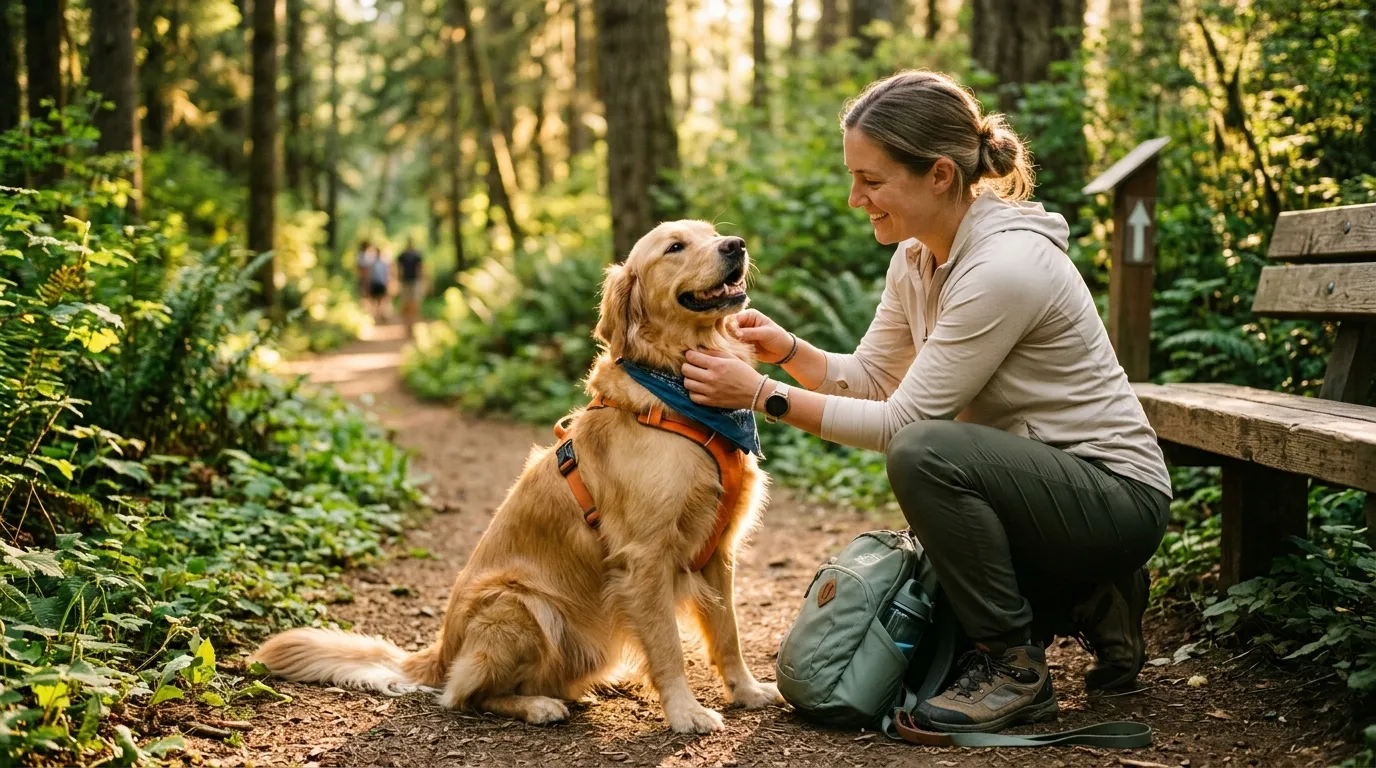 A person carefully checking their golden retriever for ticks after a walk