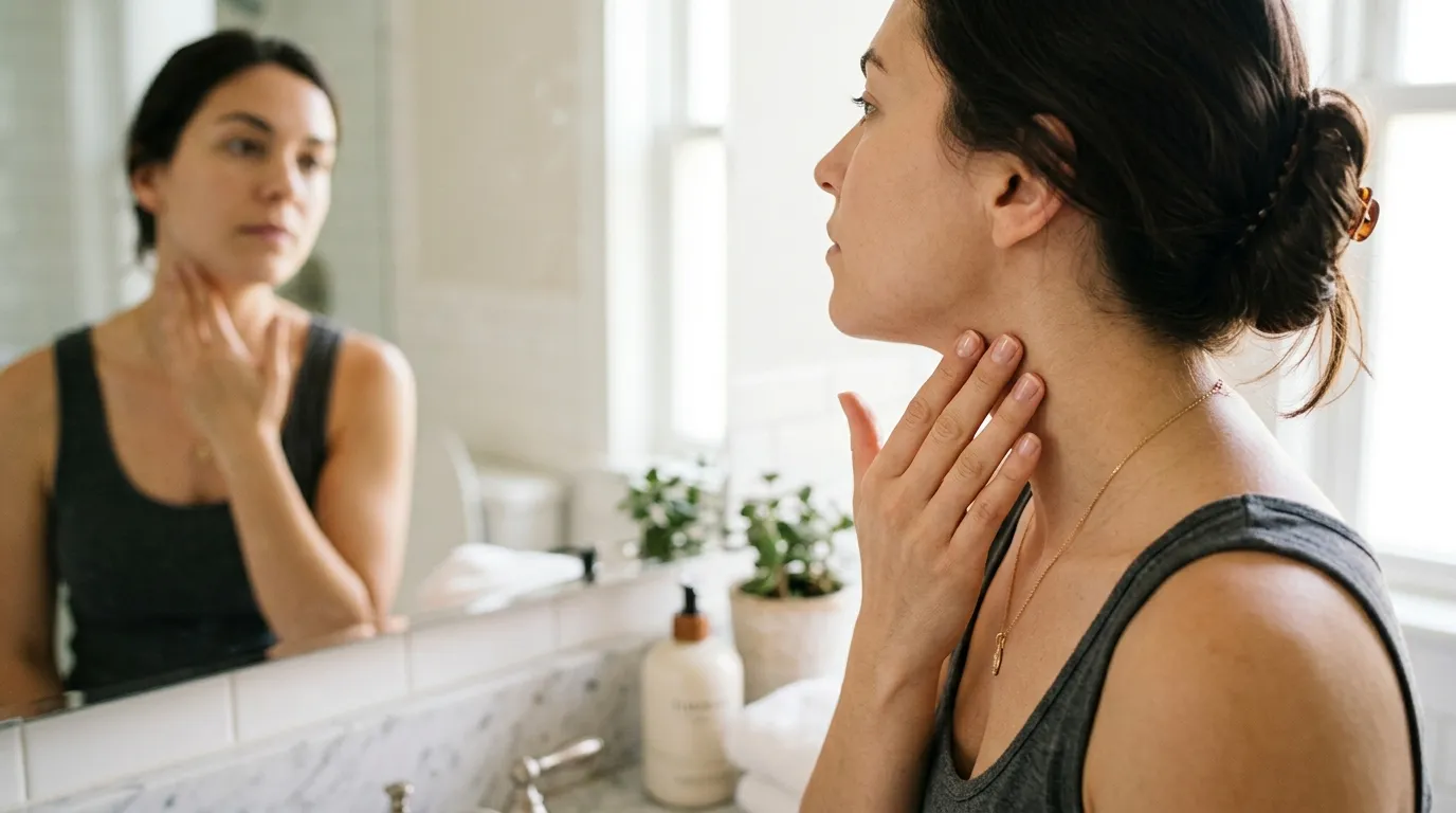 A person gently checking their neck in a bathroom mirror.